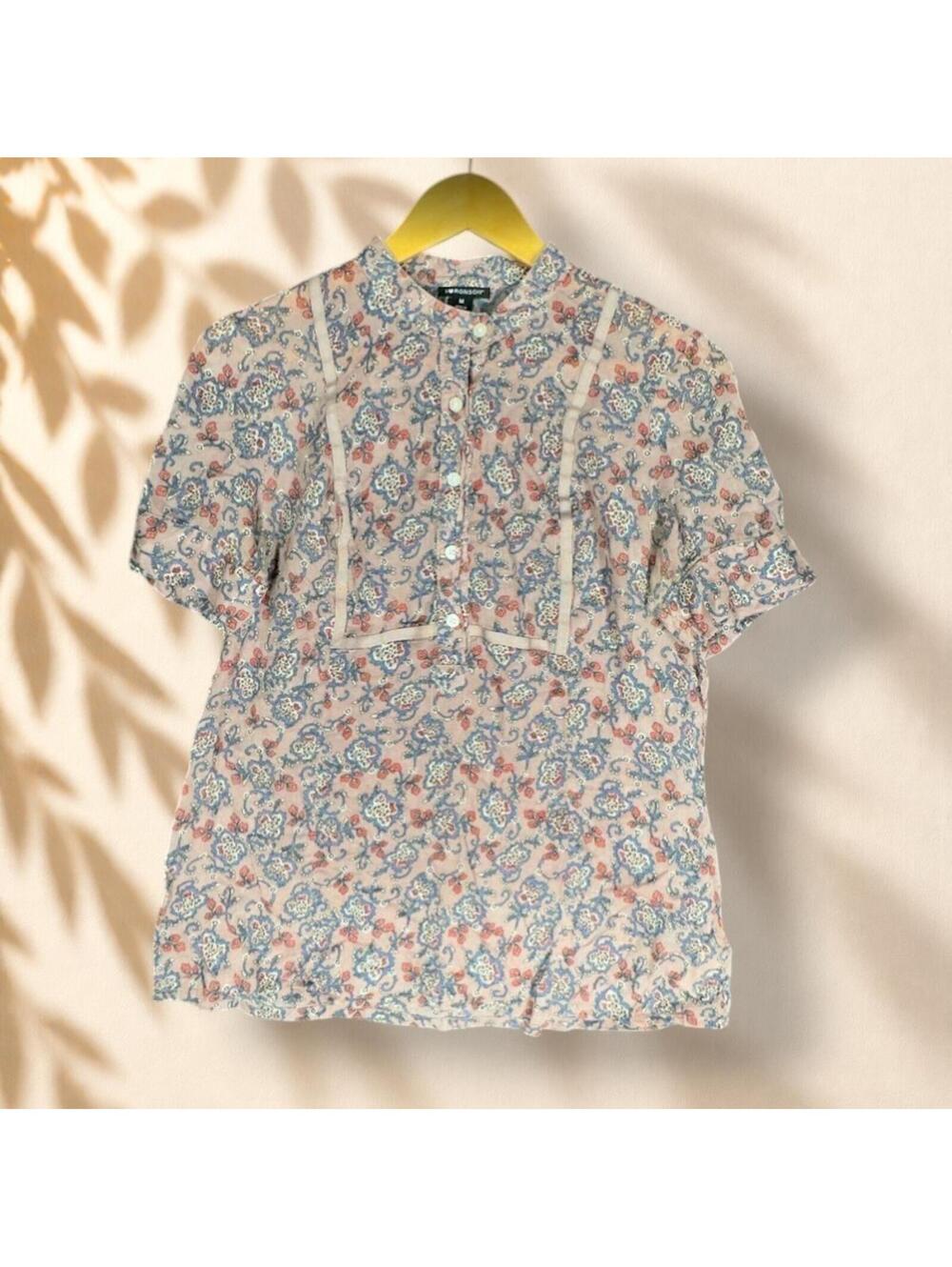 Ronson Blouse Women M Medium Pink Floral 1/2 Button Short Sleeve Rayon Casual